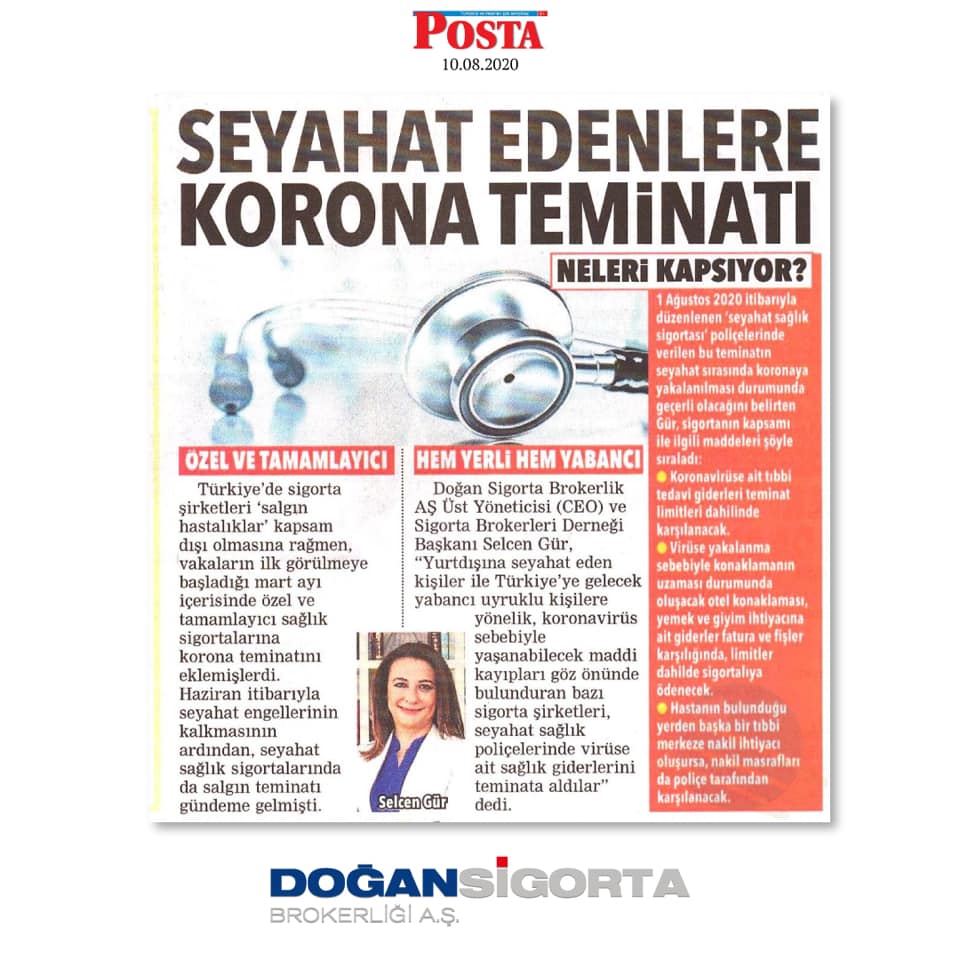  Posta Gazetesi  Seyahat edenlere korana teminatı 10 Ağustos 2020